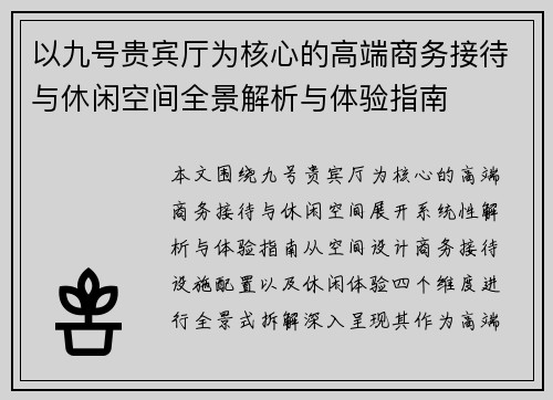 以九号贵宾厅为核心的高端商务接待与休闲空间全景解析与体验指南